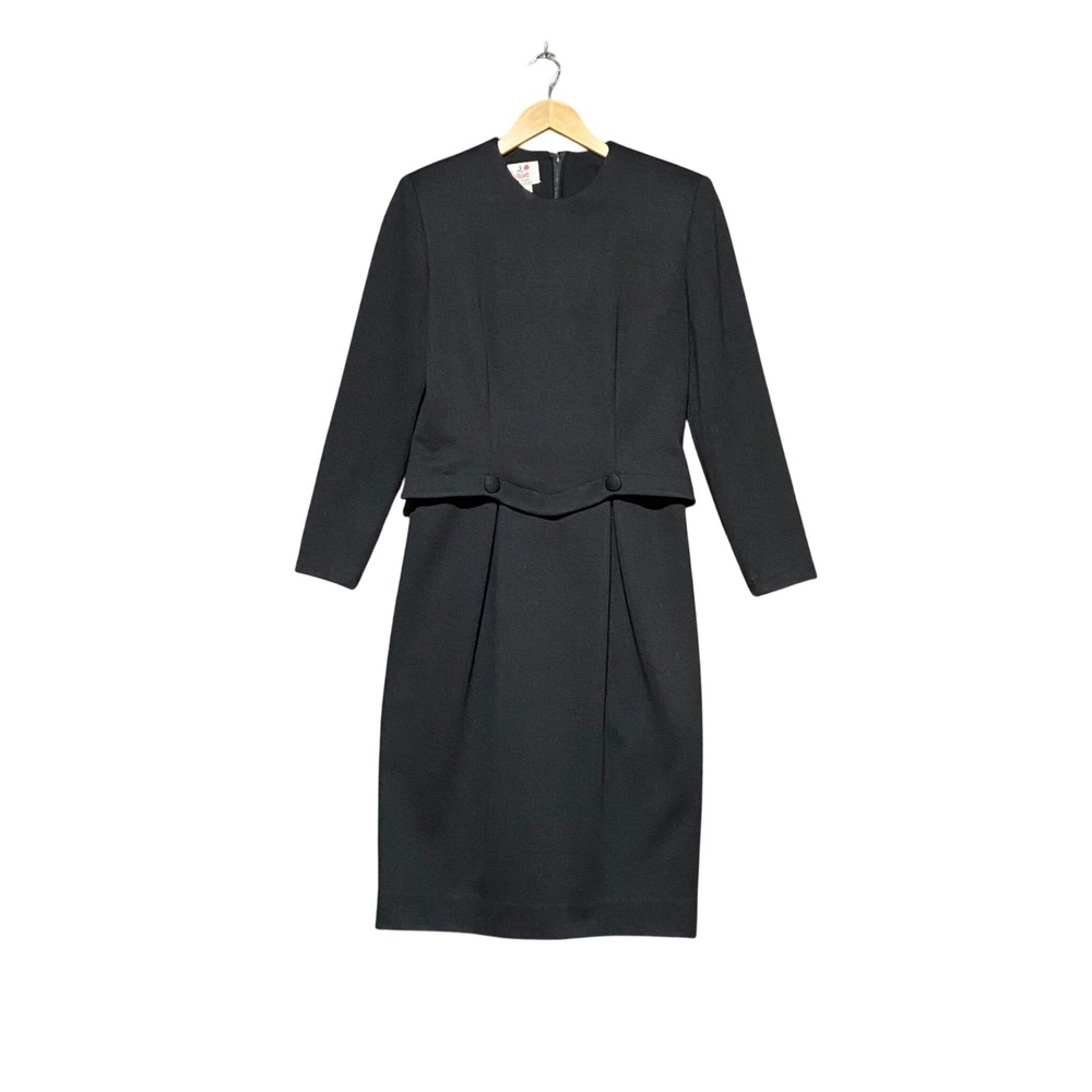Caron Chicago Vintage‎ Black Long Sleeve Sheath Dress Size 8 Button Waist Detail